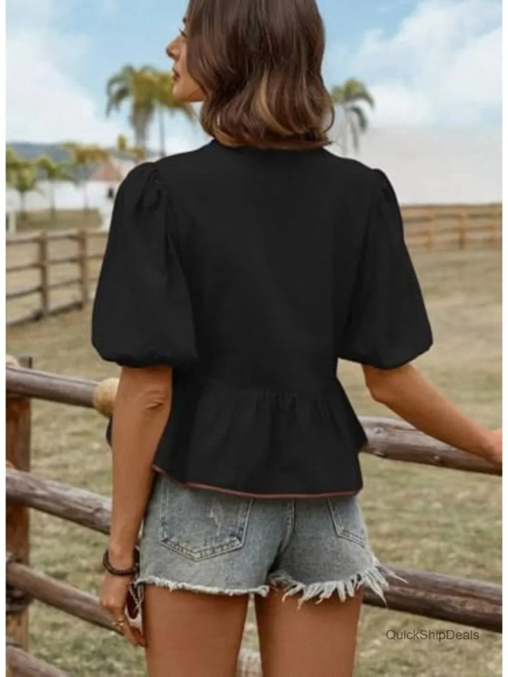 Bowknot Puff Short Sleeve Peplum Blouse Dressy Casual Flowy Top